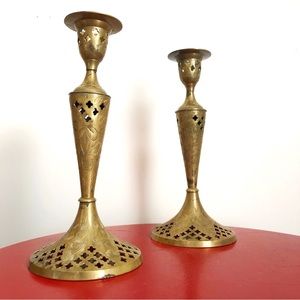 Vintage Brass Etched Candlestick Holders Set of Two BN1